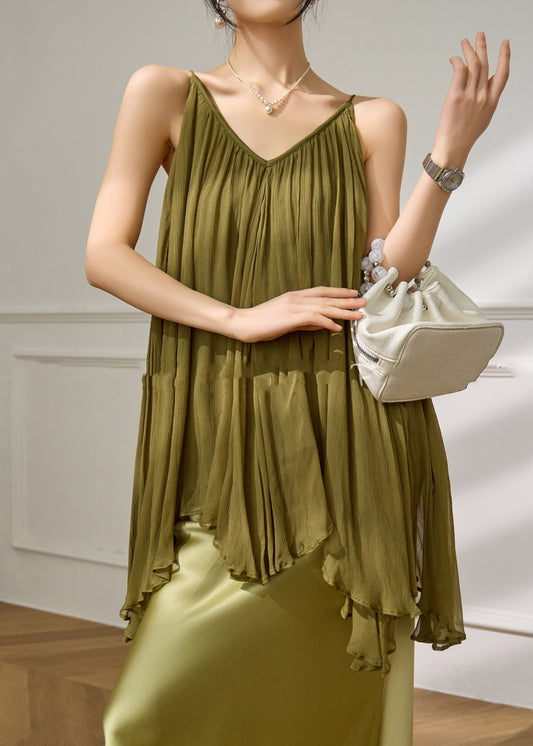 Green Asymmetrical Vests V Neck Summer
