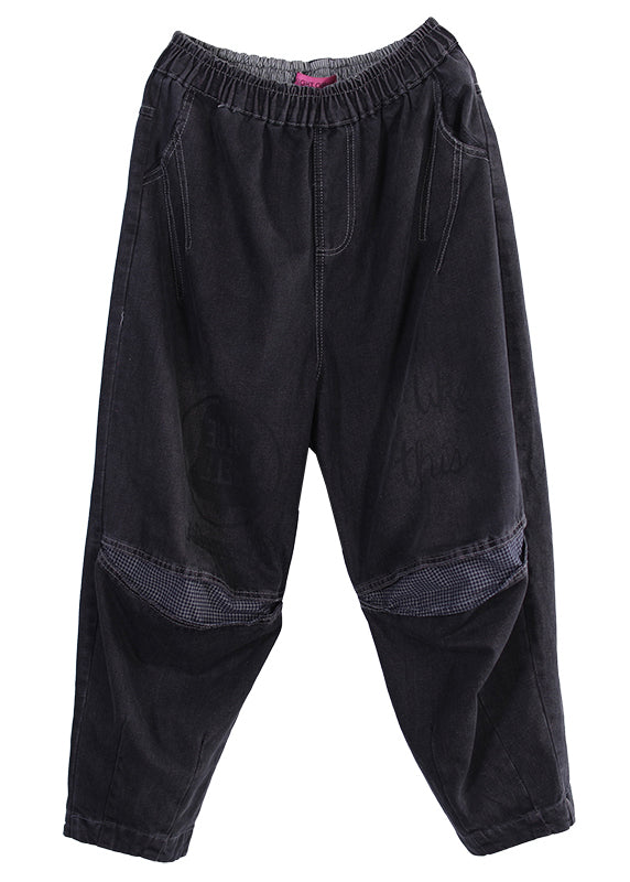 Black Pockets Print Elastic Waist Denim Pants Fall
