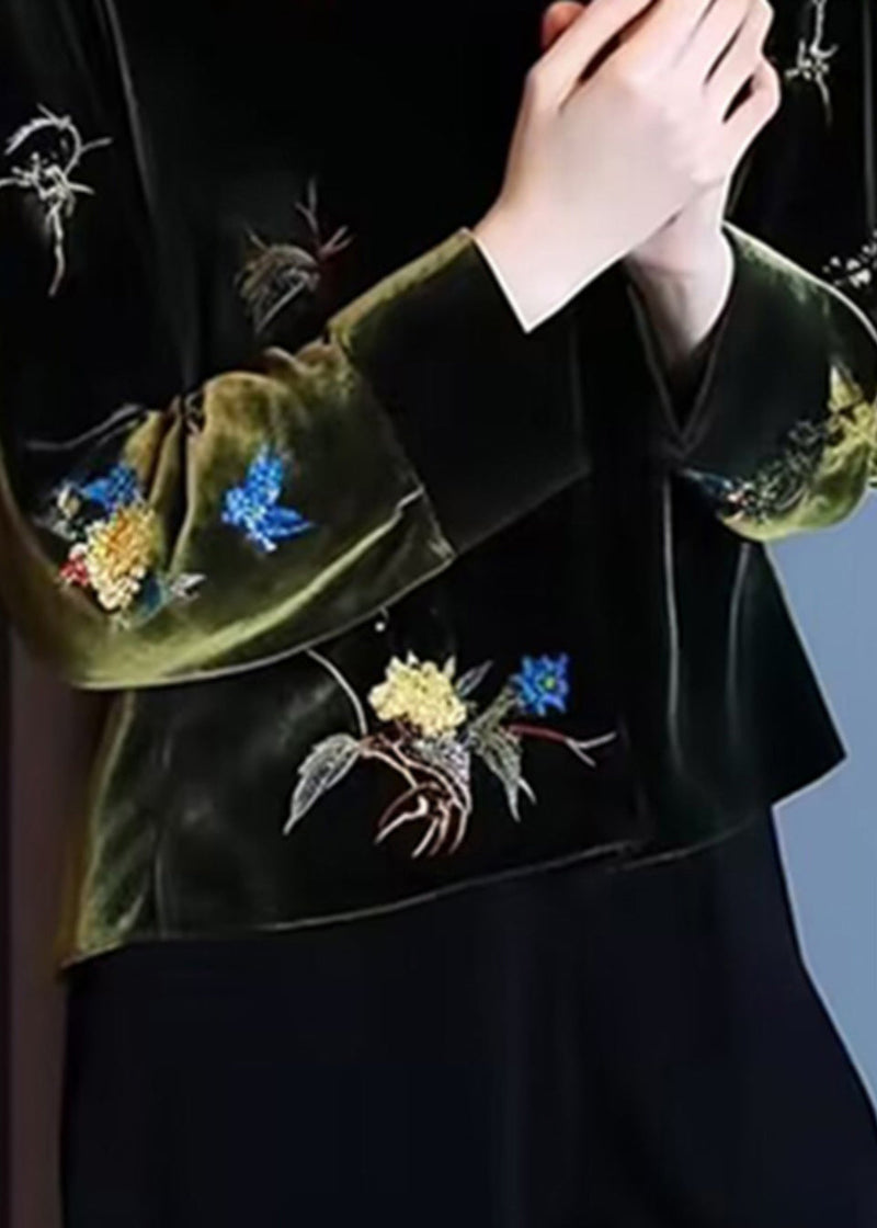Loose Black Stand Collar Embroideried Patchwork Silk Velour Top Long Sleeve