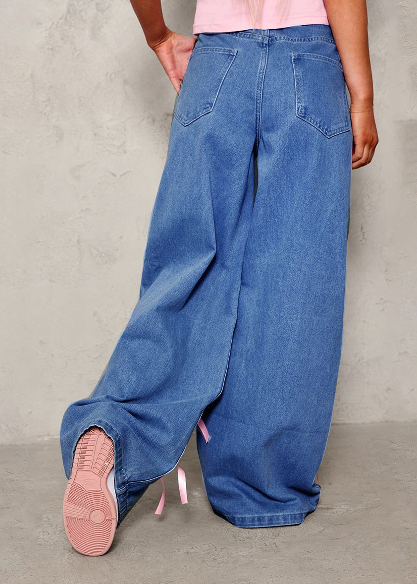 Blue Pockets Patchwork Bow Wide Leg Jeans