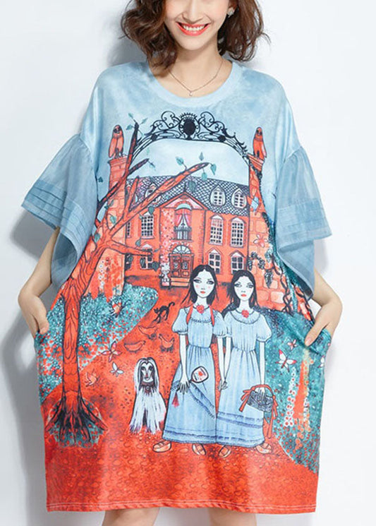 Italian Light Blue O-neck Pocket Character Print Silk Mid Dresses Flare Sleeve