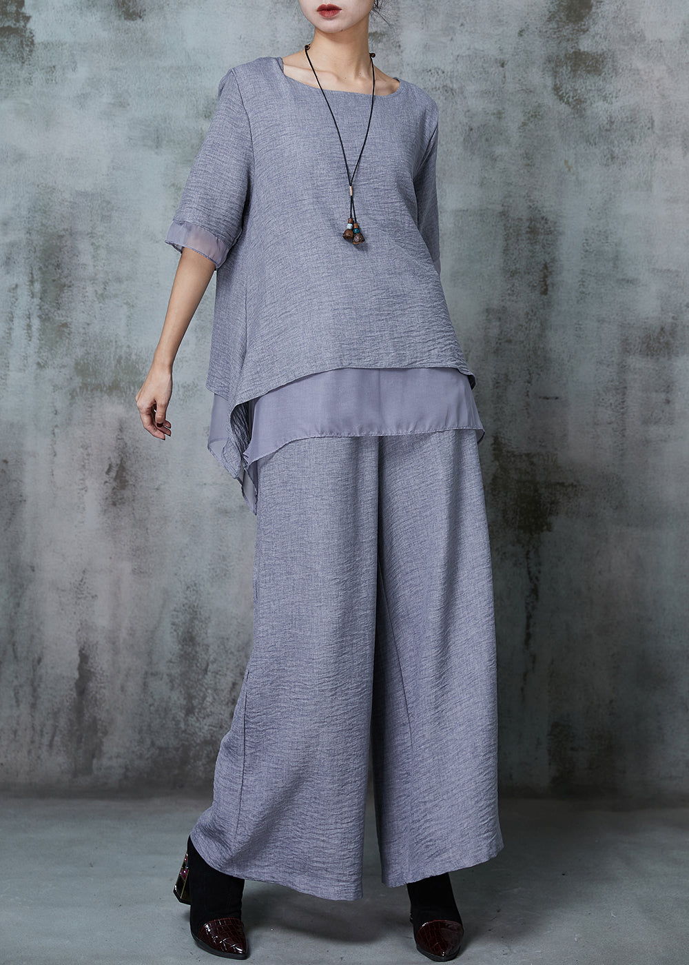 Grey Oversized Patchwork Linen Two Pieces Set Summer