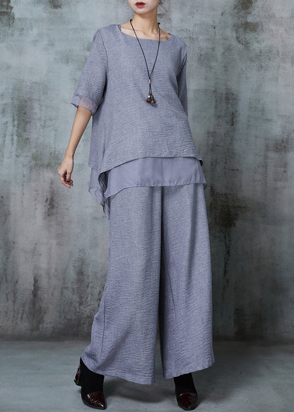 Grey Oversized Patchwork Linen Two Pieces Set Summer