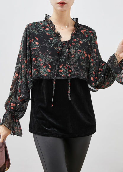 Black Print Ruffled Patchwork Velour Chiffon Shirt Spring