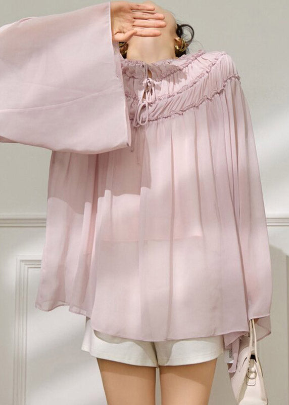 Pink Ruffled Wrinkled Chiffon Tops Batwing Sleeve