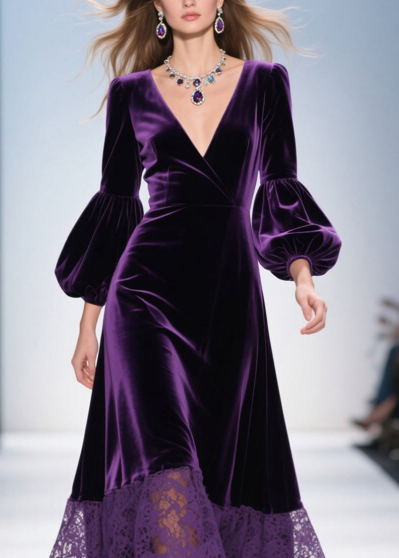 Purple V Neck Lace Patchwork Velvet Dress Fall