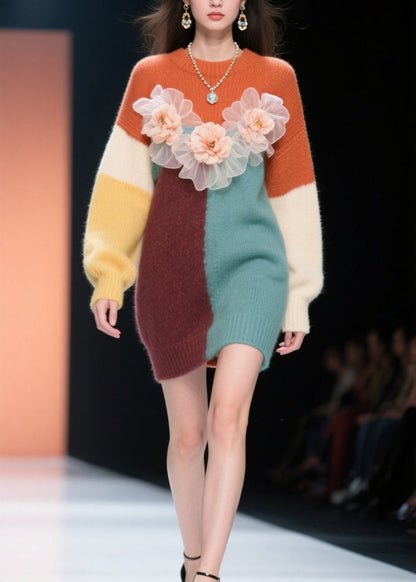Classy Colorblock O Neck Knit Long Sweater Winter