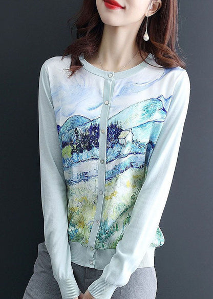 Light Blue Print Knit Cardigan O-neck Oversized Spring