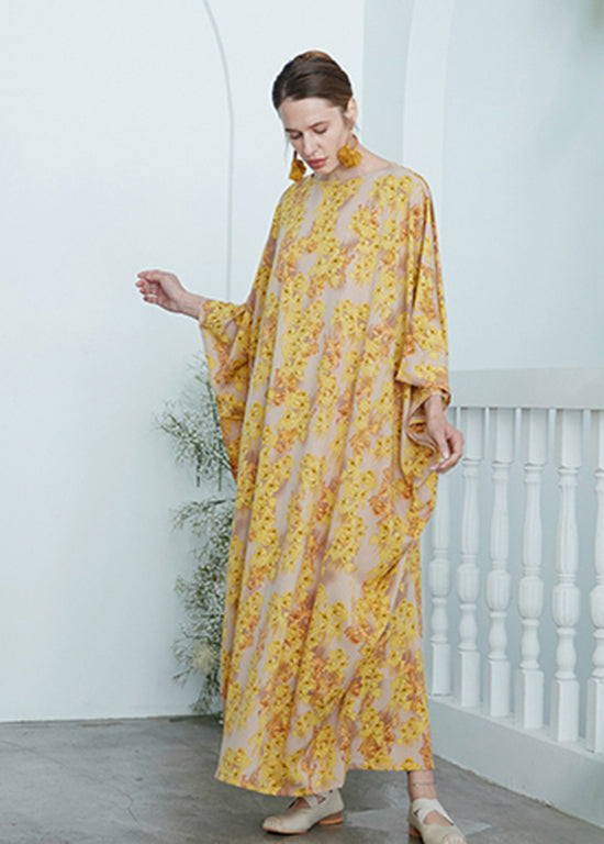 Yellow O Neck Print Chiffon Robe Dresses Summer