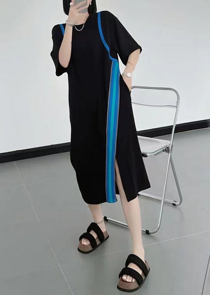 Natural Black O-neck Asymmetrical Patchwork Cotton Dresses Summer
