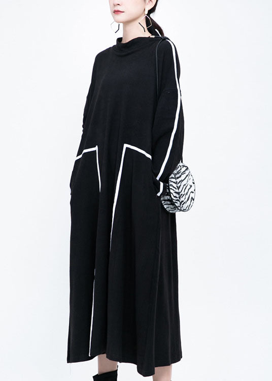 French Black Retro Patchwork Fall Long Dresses Long Sleeve