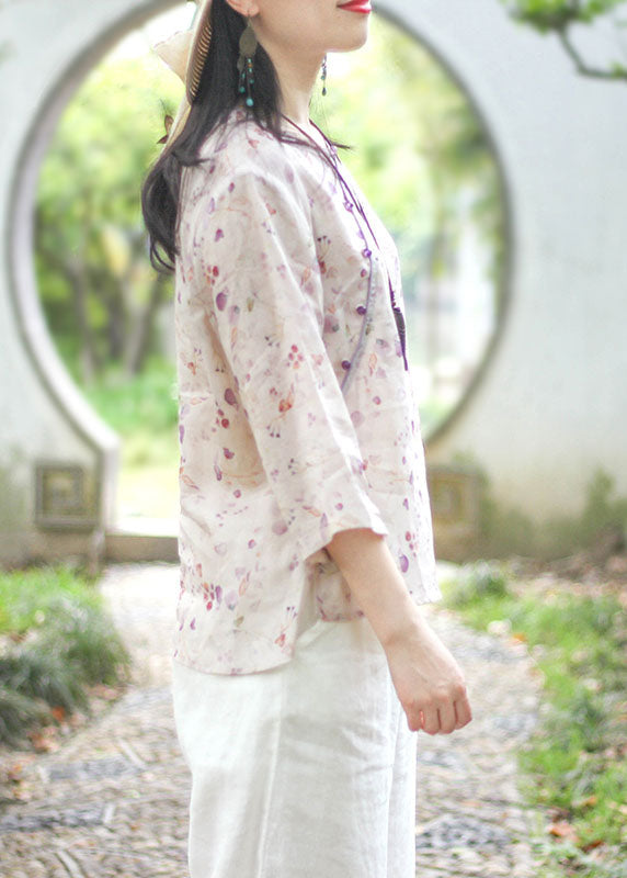 Light Purple O-neck Button Print Linen Blouse Top Spring