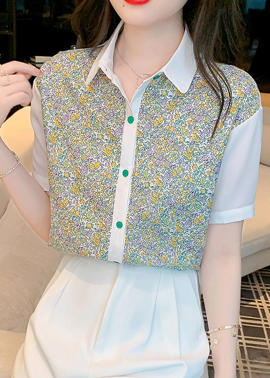 Peter Pan Collar Print Button Chiffon Shirt Short Sleeve