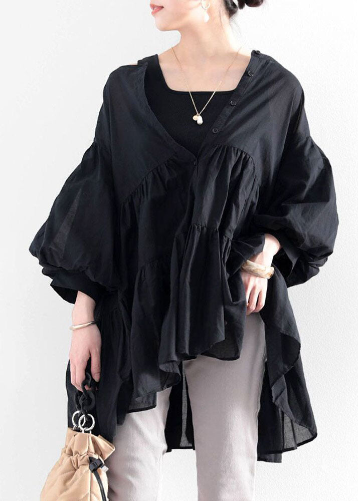 Black O Neck Wrinkled Patchwork Cotton Shirt Top Lantern Sleeve