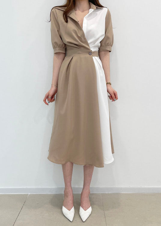 Khaki Peter Pan Collar Patchwork Cotton Dresses Short Sleeve