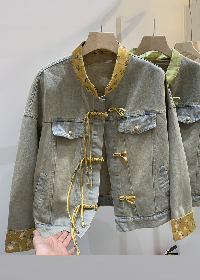 Loose Green Chinese Button Patchwork Denim Coats Long Sleeve