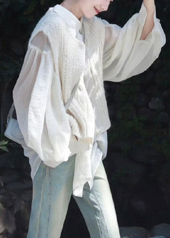 White Hollow Out Knit Cardigans and Shirts Two Pieces Set Long Sleeve