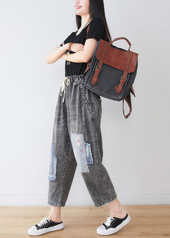 Grey Embroideried Patchwork Applique Cotton Denim Pants Spring
