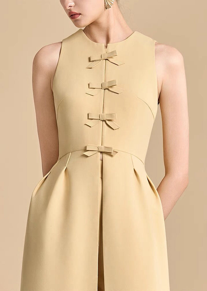 Art Yellow Wrinkled Side Open Dresses and Pants Cotton Two Pieces Set Sleeveless
