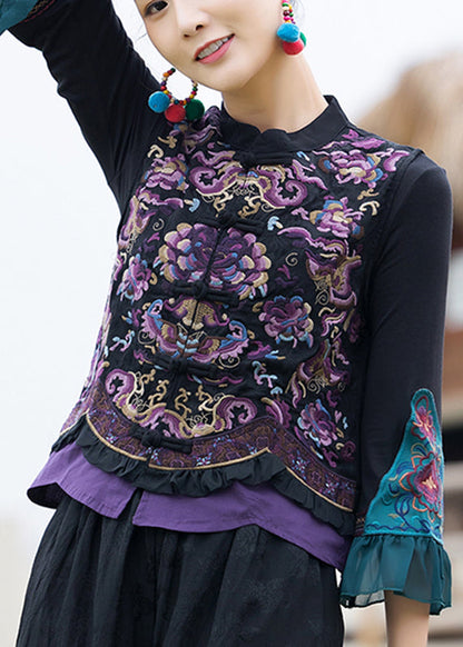 Black Stand Collar Embroideried Linen Waistcoat Fall