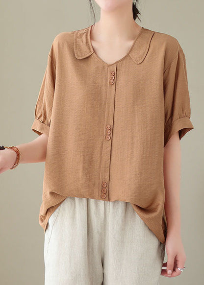 Orange Peter Pan Collar Patchwork Cotton Shirt Tops Summer