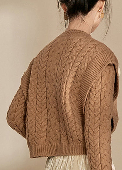 Handmade Brown V Neck Thick Cable Cotton Knit Sweaters Winter