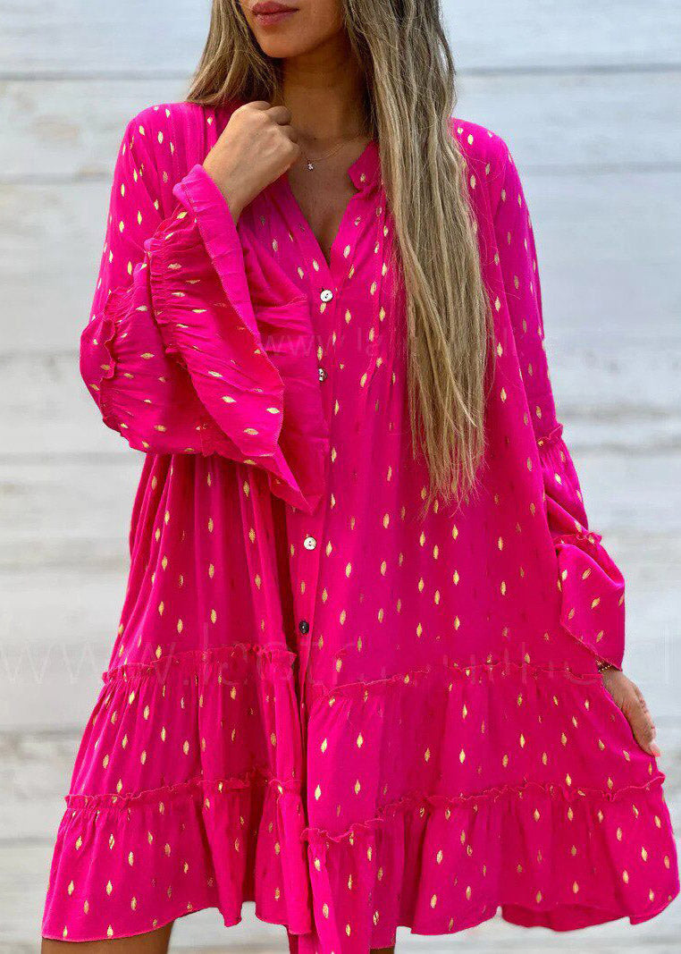 Green Ruffled Patchwork Mid Dress Flare Sleeve