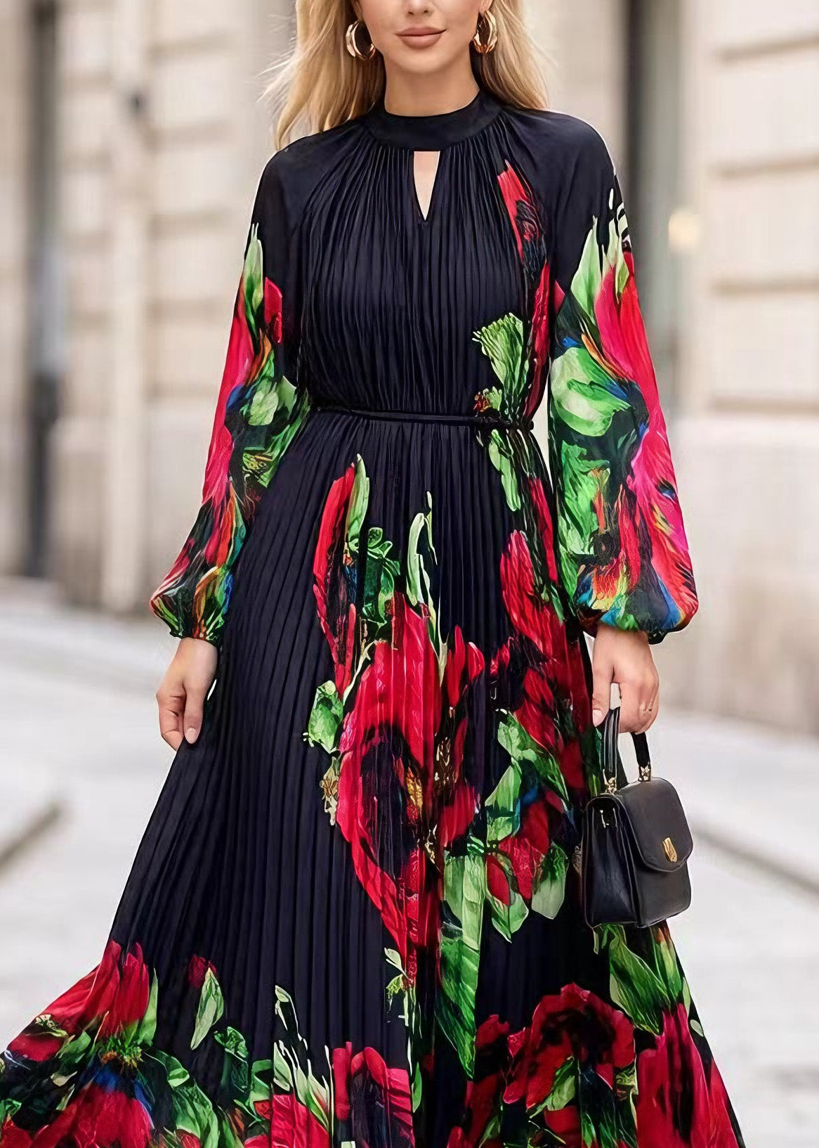Classy Black O Neck Print Chiffon Exra Large Hem Dress Spring