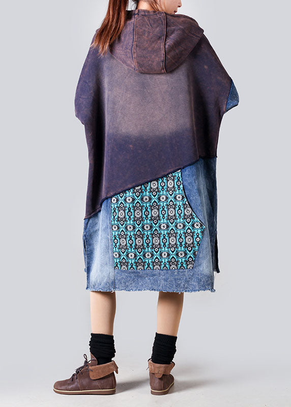 Purple Hooded Denim Patchwork Cotton Dress Spring