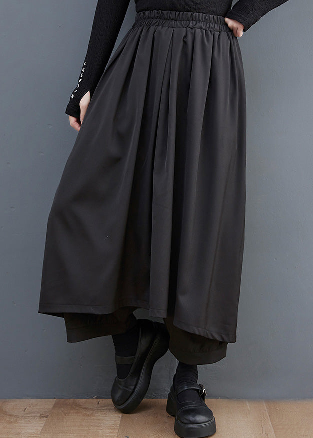 Black Elastic Waist Pockets Wide Leg Pants Skirt Summer