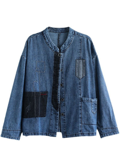 Blue Stand Collar Patchwork Button Denim Coats Spring