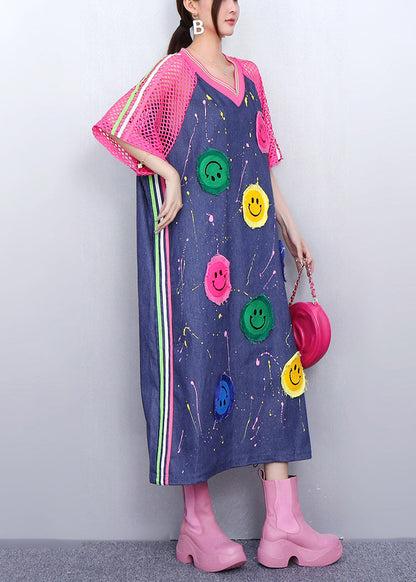 Playful Pink Smiley Hollow Out Patchwork Denim Long Dress Summer