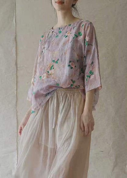 Purple O-neck Button Linen Shirt Half Sleeve