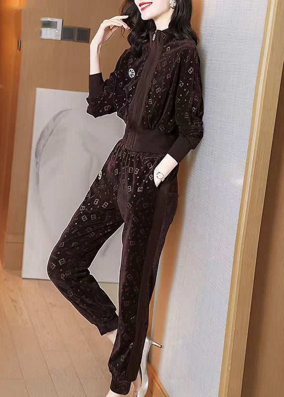 Coffee Zip Up Print Pockets Velour Two-piece Set Spring