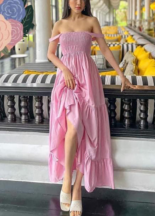 Pink Wrinkled Cotton Spaghetti Strap Dress Sleeveless