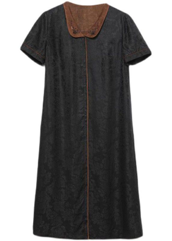 Handmade Black Peter Pan Collar Jacquard Silk Mid Dress Summer