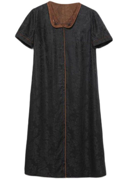 Handmade Black Peter Pan Collar Jacquard Silk Mid Dress Summer