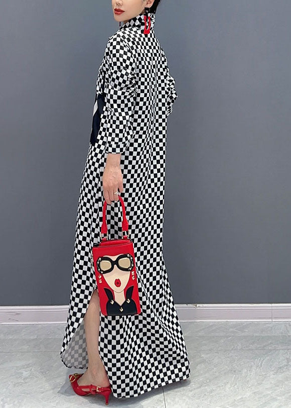 Plaid Patchwork Peter Pan Collar Print Girl Side Open Long Shirts Dresses Long Sleeve