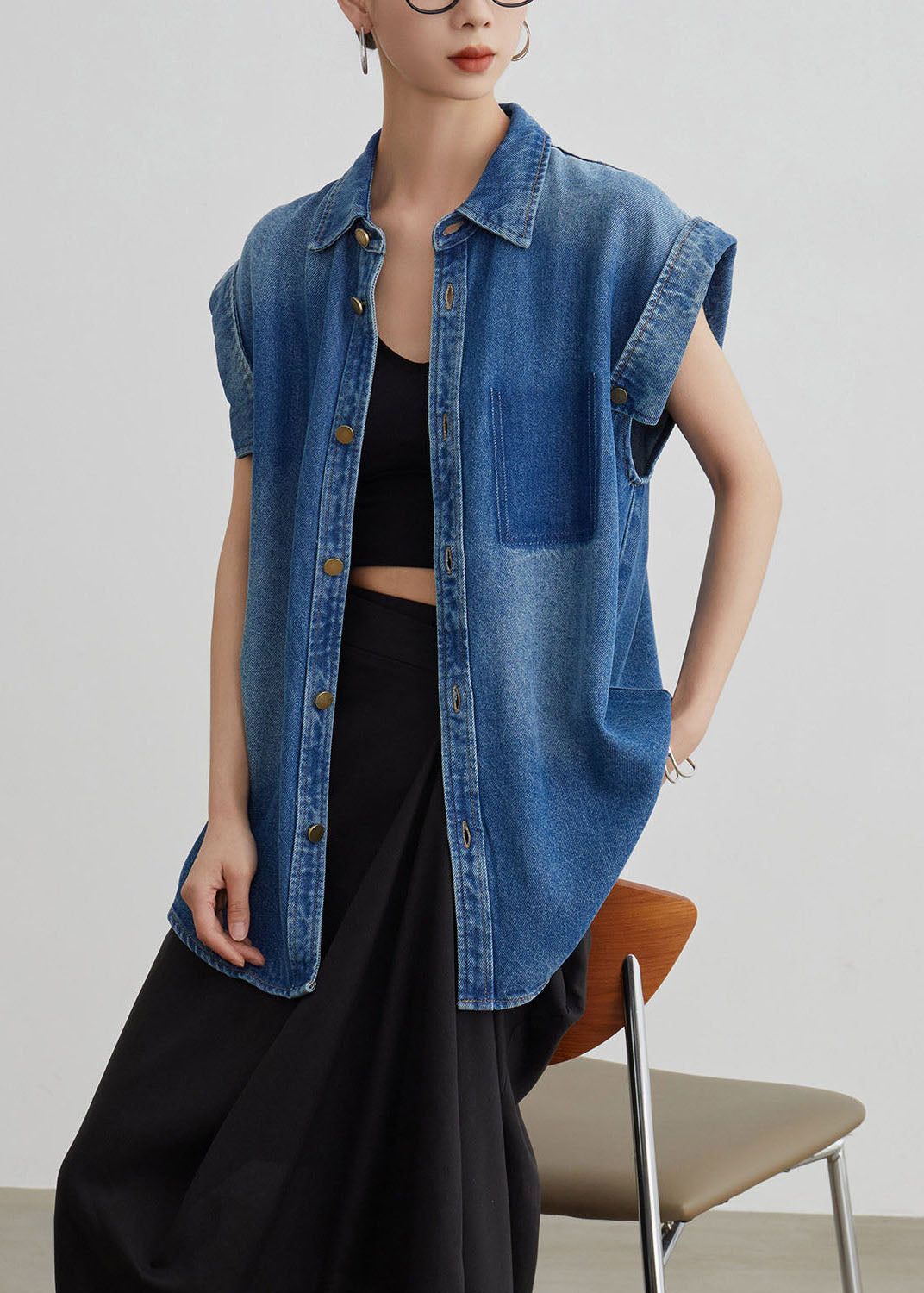 Blue Peter Pan Collar Button Denim Shirt Coat Summer