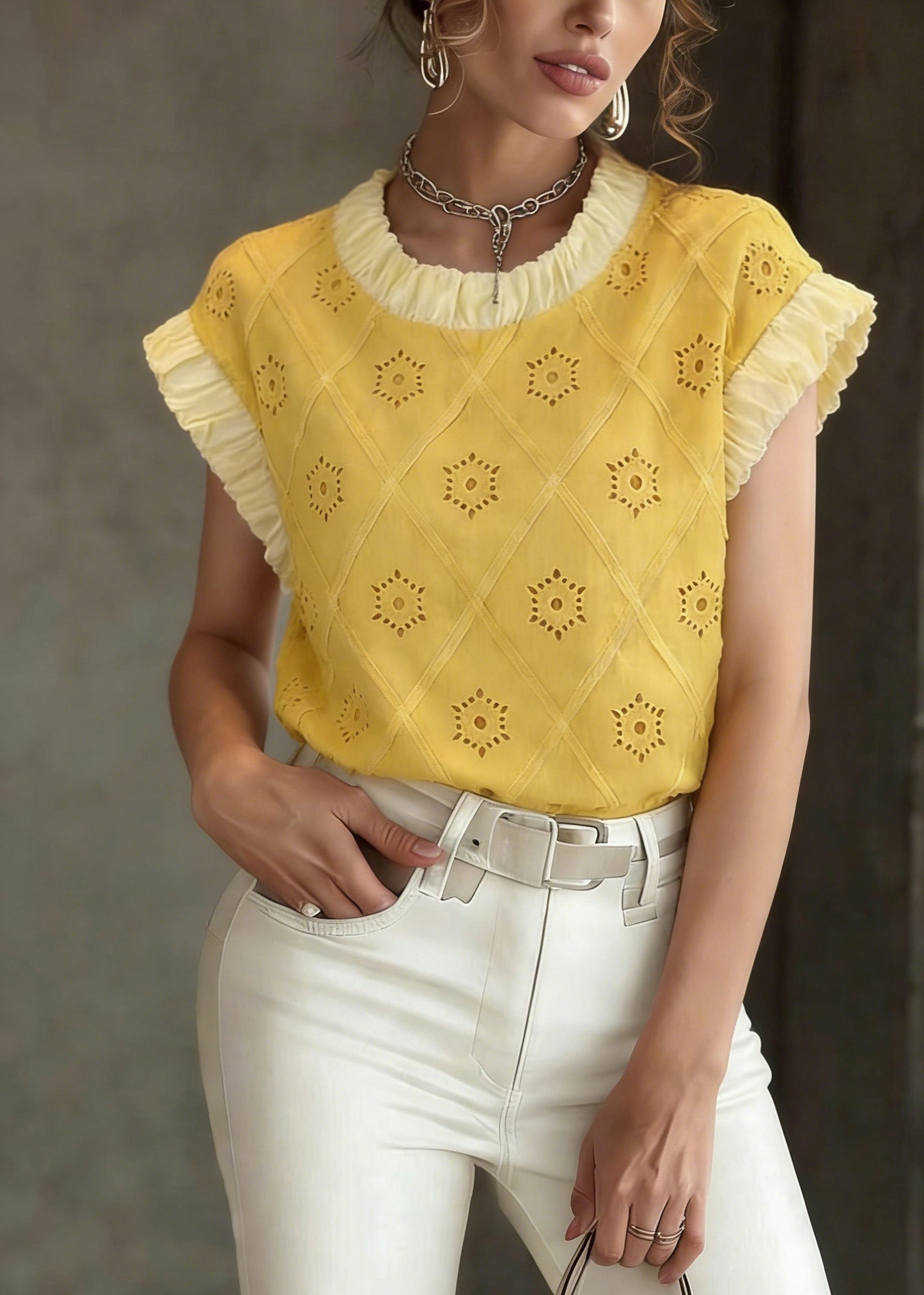 Yellow Patchwork Hollow Out T Shirt Summer