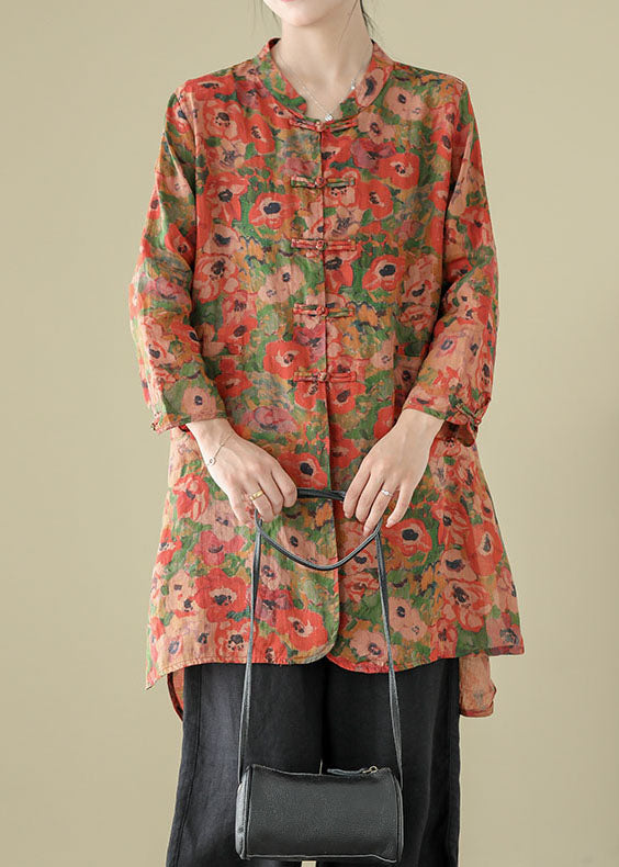 Stand Collar Chinese Button Print Linen Shirts Coat Long Sleeve