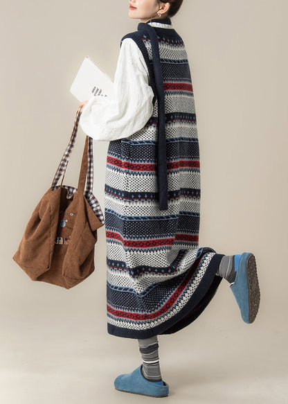 French Navy V Neck Jacquard Knit Vest Dress and Shirts 2 Piece Outfit Winter