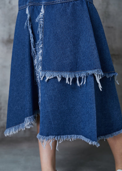 Navy Asymmetrical Patchwork Denim Skirt Summer