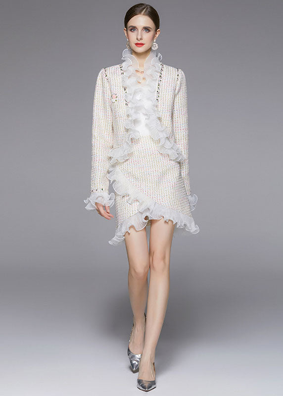 Beige Asymmetrical Patchwork Ruffles Woolen Two Piece Suit Set Fall