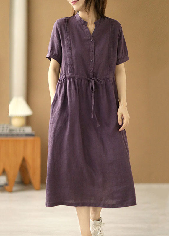 Purple V Neck Wrinkled Tie Waist Linen Long Dresses Short Sleeve