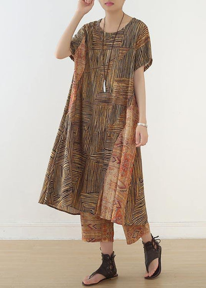 Yellow Print Patchwork Summer Linen Two Pieces Set