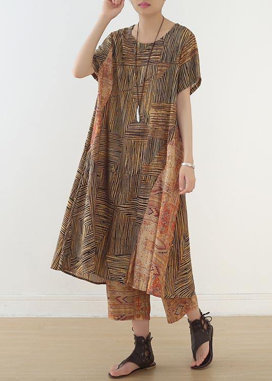 Yellow Print Patchwork Summer Linen Two Pieces Set