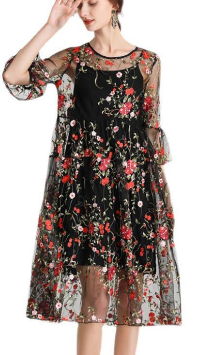 Black Embroidery Lace Dress Half Sleeve Sets 2 Pieces