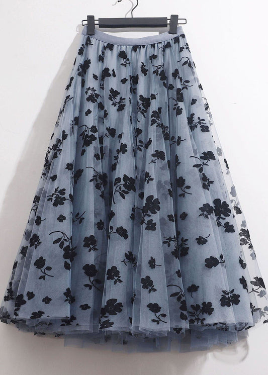 Blue Grey Elastic Waist Print Tulle a Line Skirts Spring