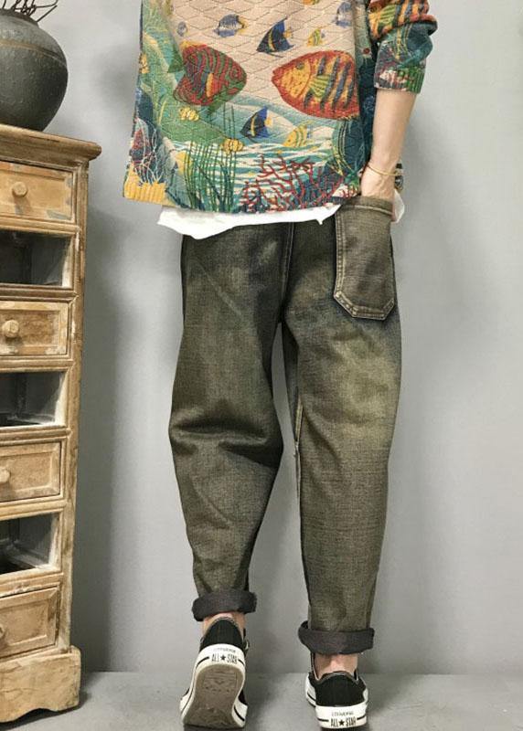 Cat Embroidery Patchwork Mid Waist Loose Denim Harem Jeans